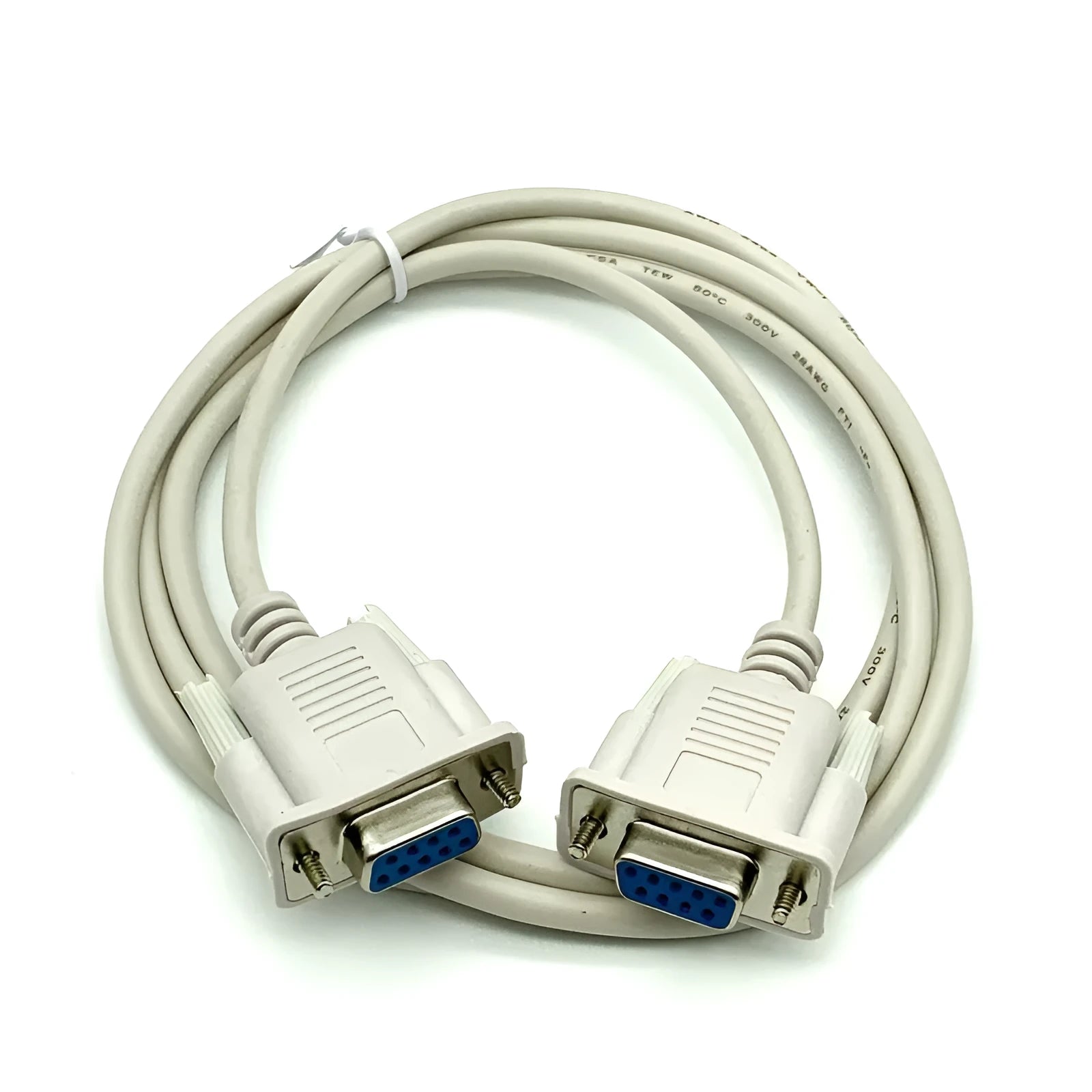 Female to female DB9 RS232 crossover cable with milky white jacket measuring 1.5 metres