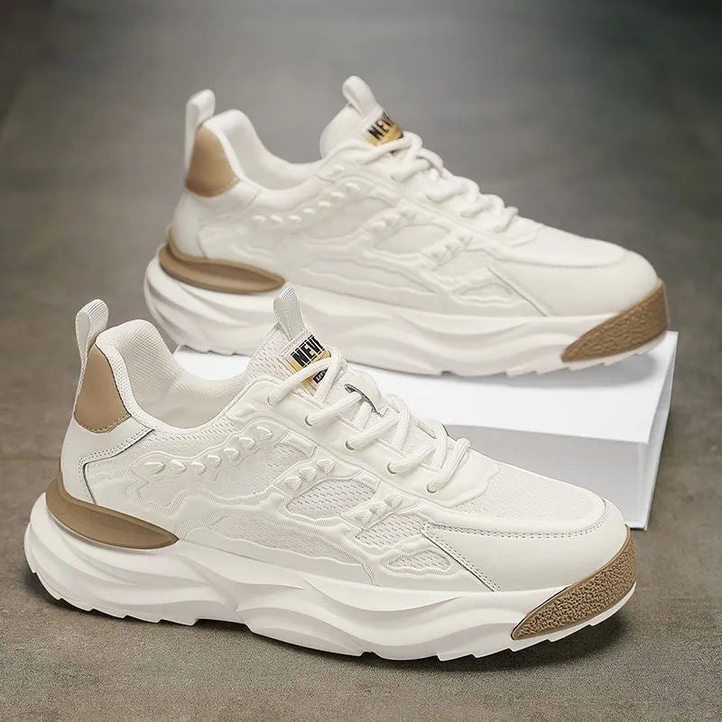 Men's solid colour breathable mesh trainers showing round toe design in white and black options