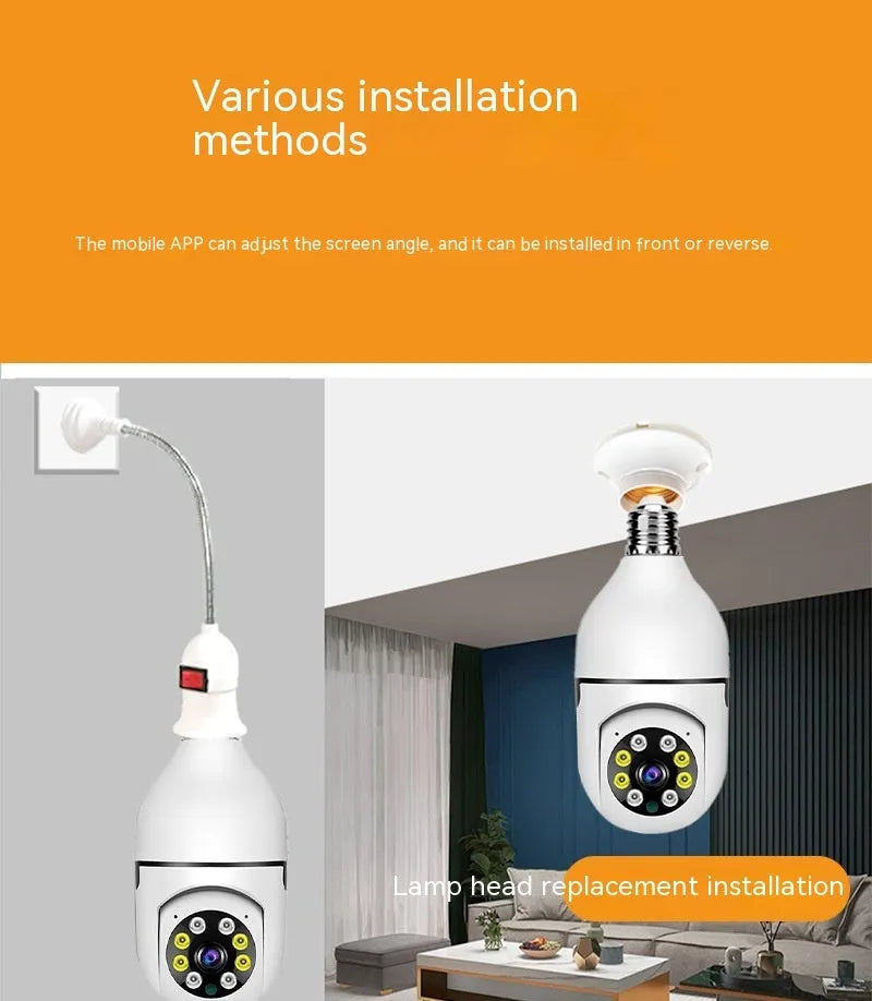 White wireless bulb security camera with a lens, shown next to a scale indicating its 5cm by 12cm dimensions.