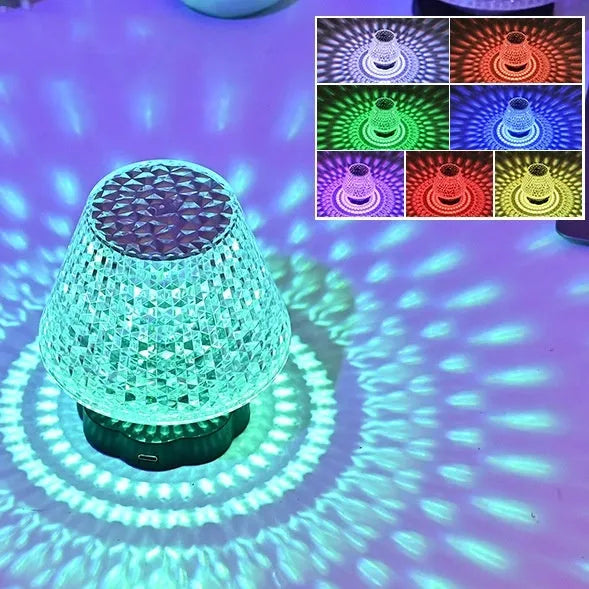 Crystal table lamp with touch sensor base showing three colour temperature options on tabletop