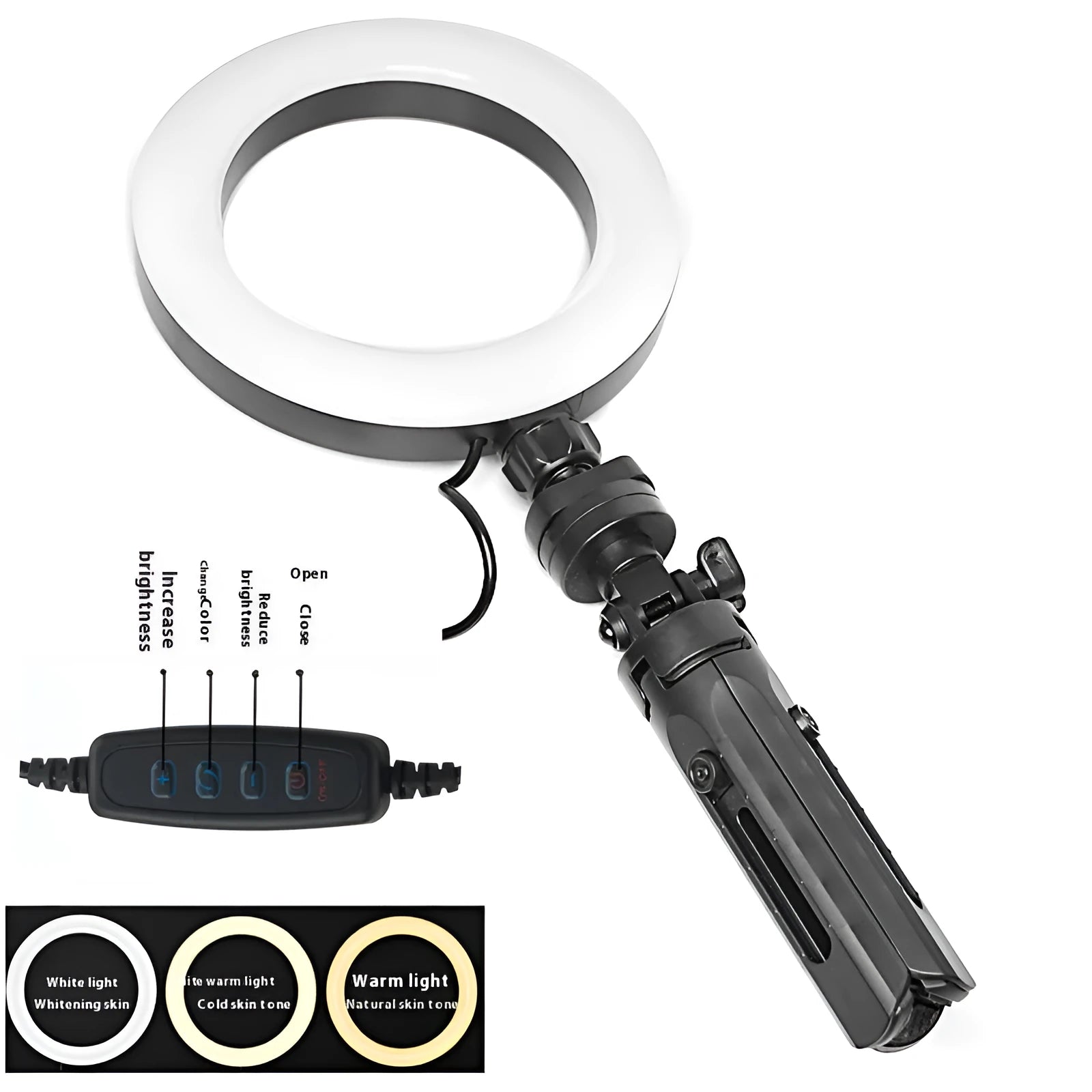Black desktop mobile phone bracket with adjustable fill light on tripod for video recording