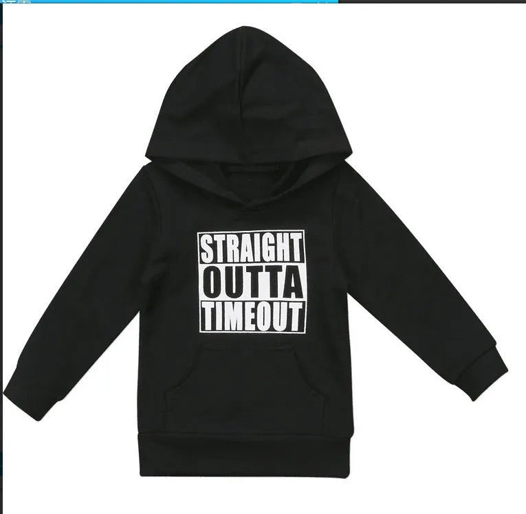 Boys' black hooded sweater with white letter print, long sleeves, and pullover neck.