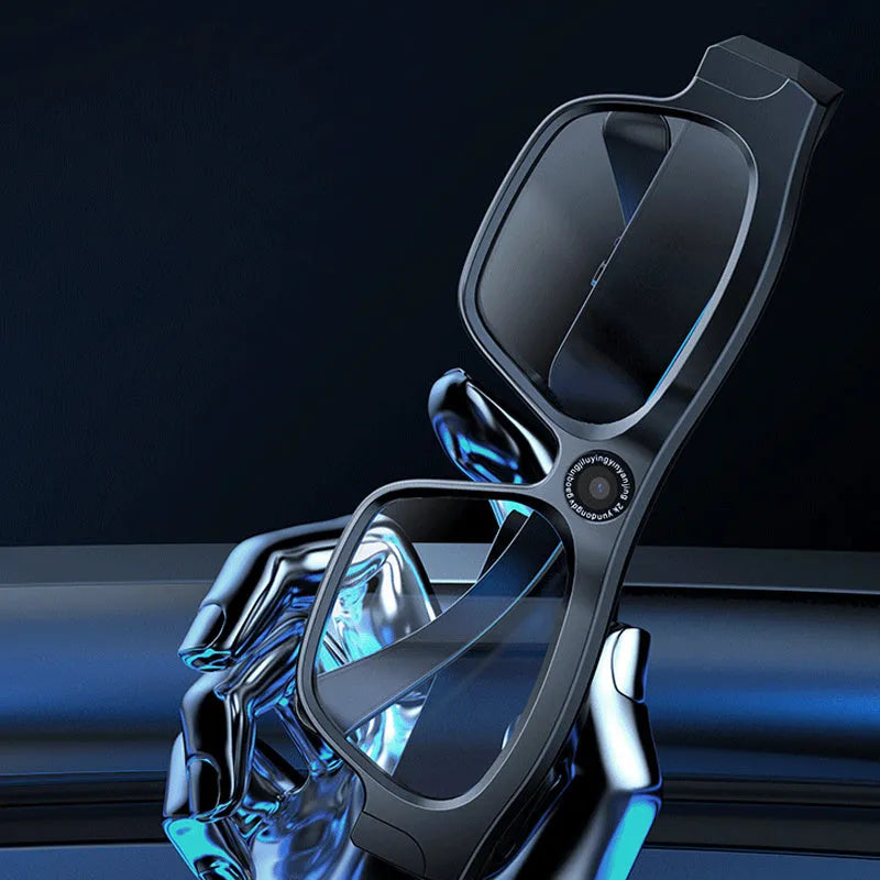 Black head-mounted smart Bluetooth glasses with a camera lens on the frame