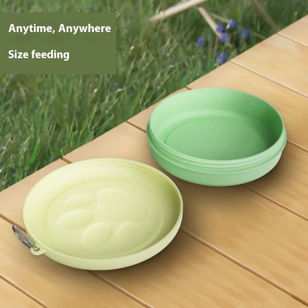 Portable outdoor dog bowl and snack box for food and water in light pink and light green colour options