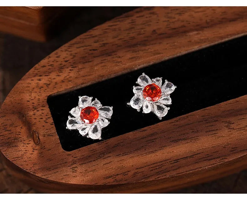 Retro women's silver earrings with pigeon red geometric design and white gold electroplated finish