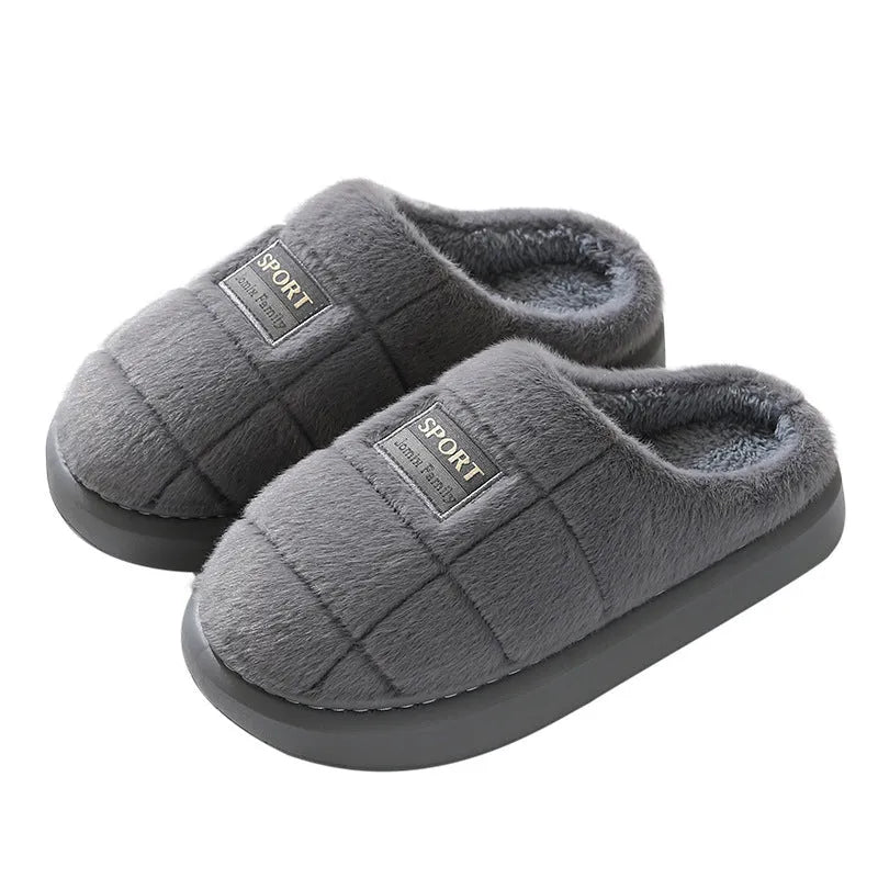 Men's grey and brown plaid cotton slippers with thick sole and woolly lining.