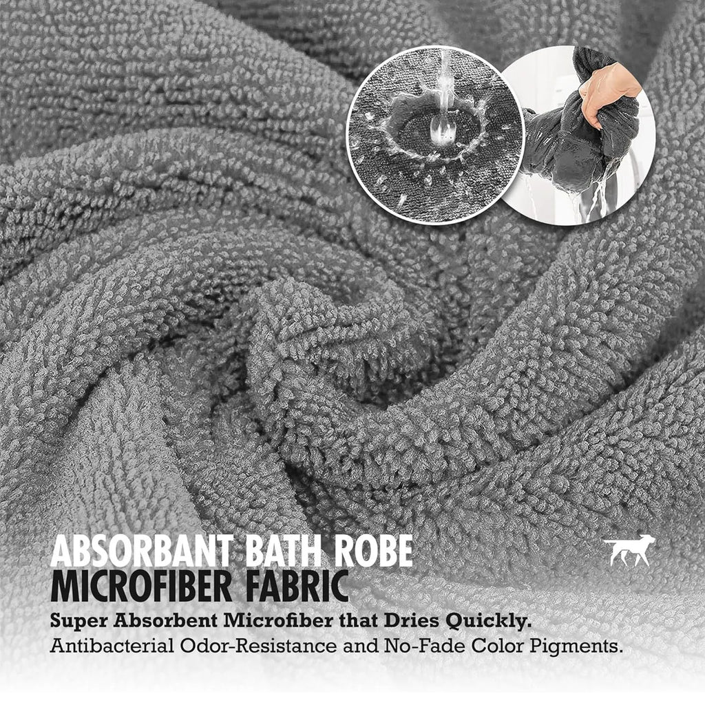 Super absorbent hooded dog bathrobe towel coat for drying pets in six sizes.
