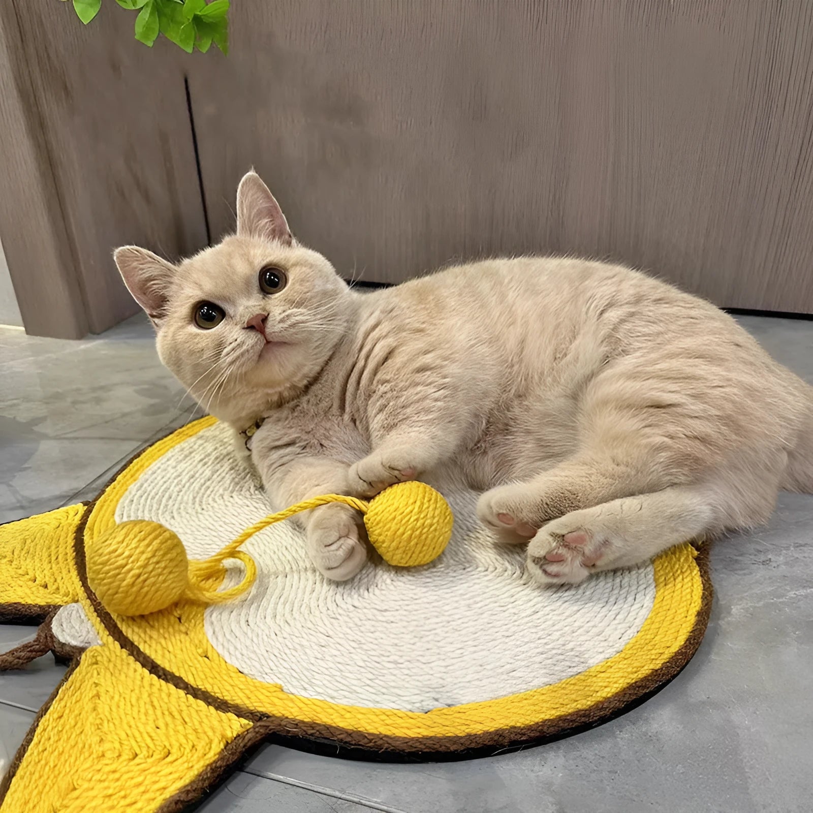 Yellow corgi-butt design sisal cat scratching pad with anti-slip base on a wooden floor.