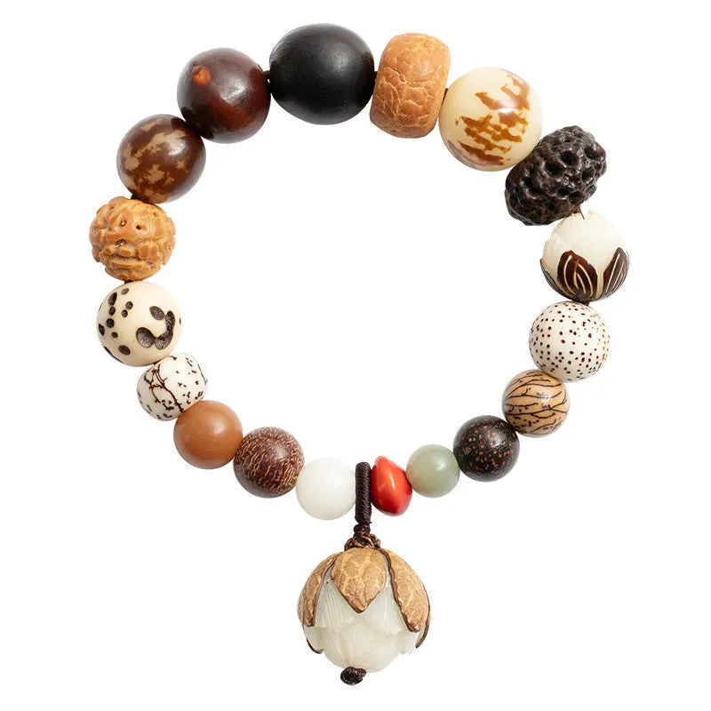 Handmade rudraksha bead bracelet with 18 seeds on a string, showing 16 cm loop.