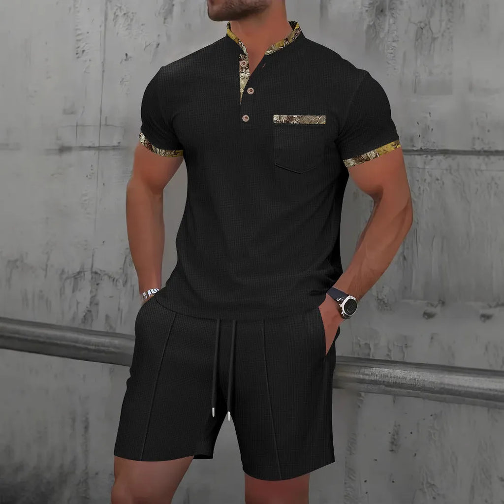 Men's grey waffle texture zip-front polo collar short sleeve suit with matching shorts