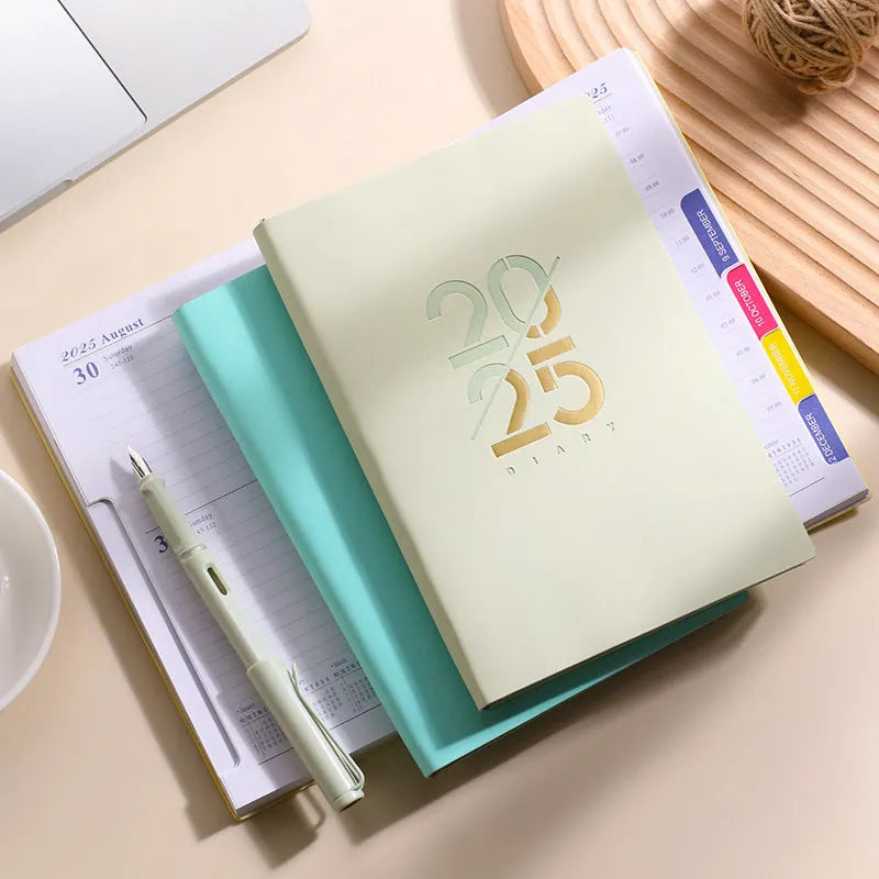 Soft leather A5 daily plan schedule book 2025 with faux leather cover open showing Dorian paper pages