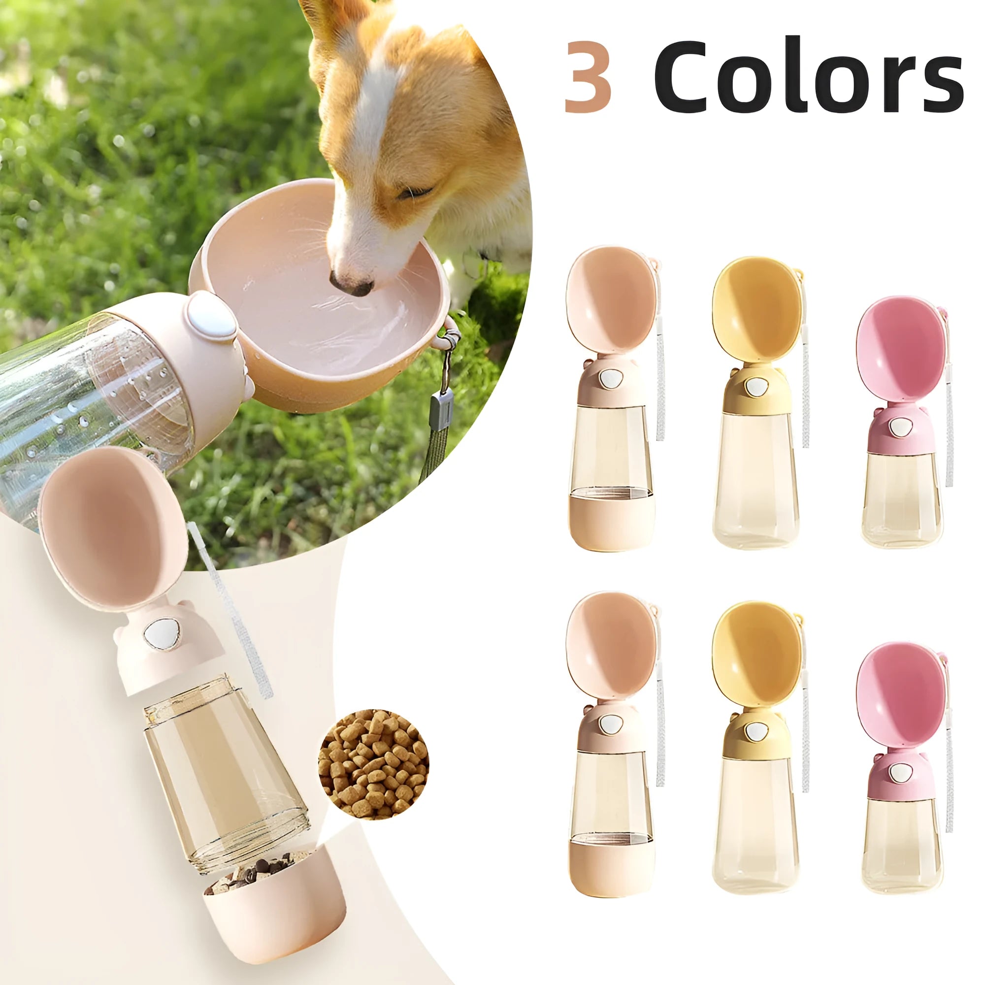 Portable dog water bottle and feeder bowl in PP plastic for outdoor travel, shown in yellow, pink, or brown.