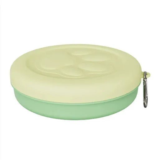 Portable outdoor dog bowl and snack box for food and water in light pink and light green colour options