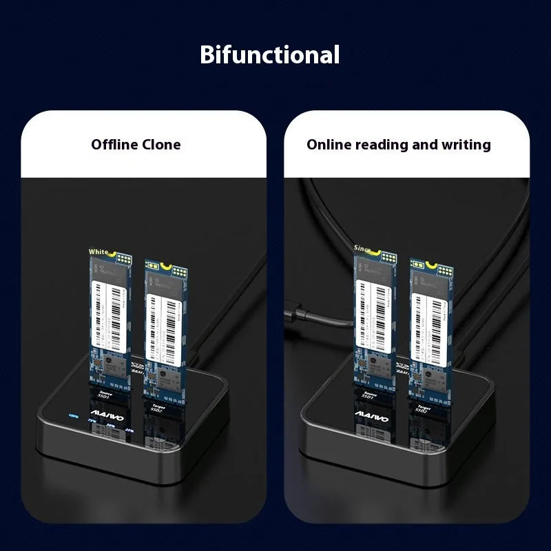 MAIWO K3016 M.2 SSD hard disk copier dock with cables and power adapter for SATA and NVMe drives.