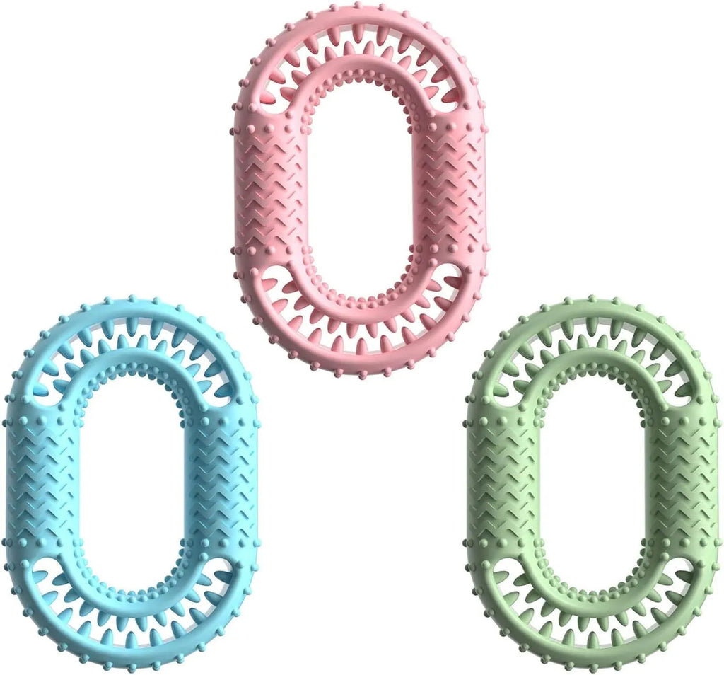 Blue O-ring shaped dog chew toy for aggressive chewers and dental care on a white background.