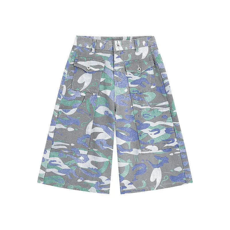 Denim camouflage cropped trousers with straight leg and utility pockets on mannequin