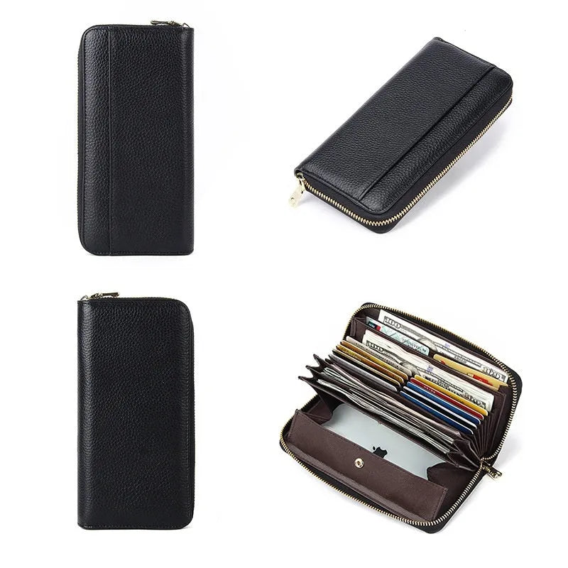 Genuine leather long wallet for women in six colour options showing anti-theft card slot and large capacity interior