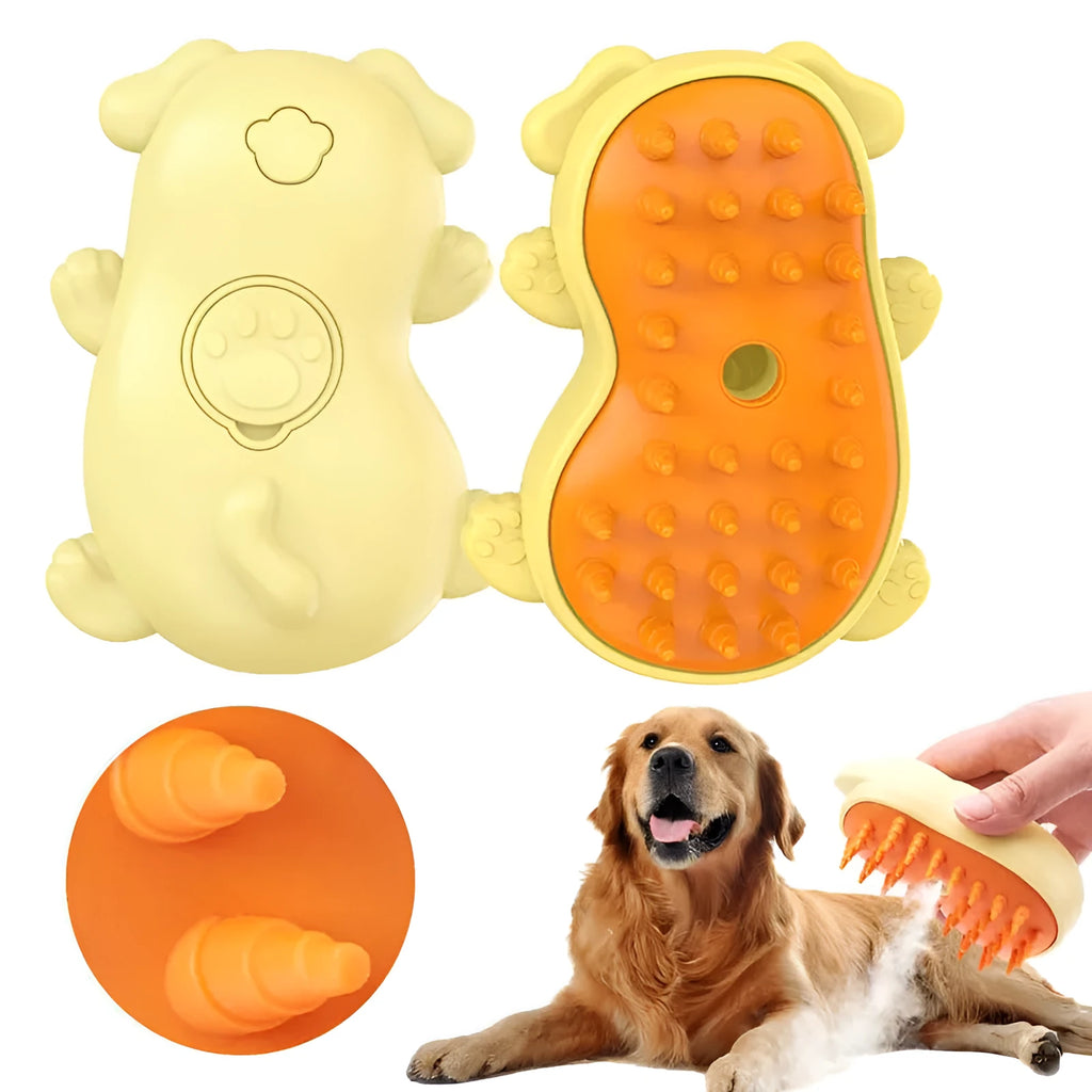 White 3-in-1 steam grooming brush for cats and dogs on a grey surface.
