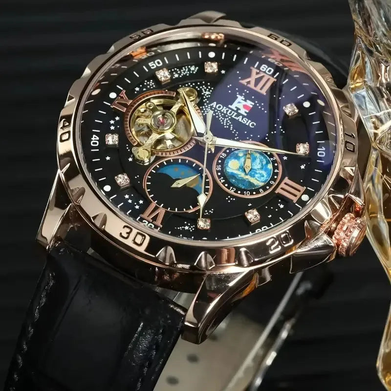 Men's black and rose gold automatic skeleton watch with a large dial and brown leather strap.