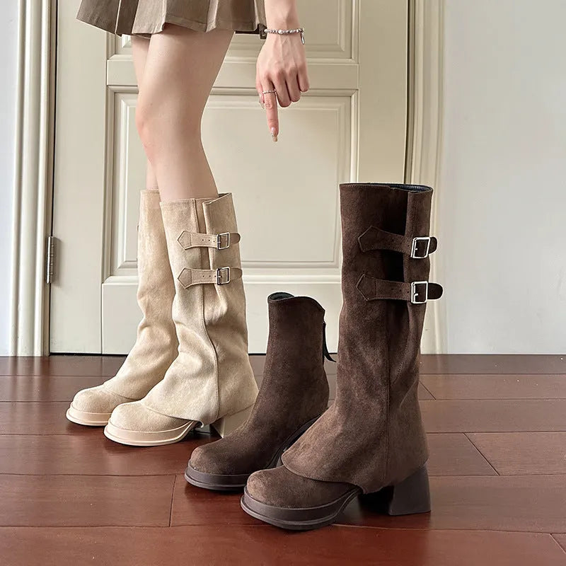 Removable pile style thick high heel platform boots for women suede upper chunky heel apricot brown