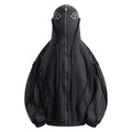Black retro loose zip hooded padded coat with an abstract pattern