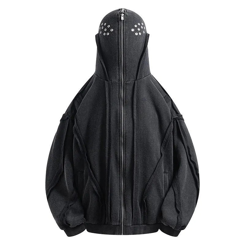 Black retro loose zip hooded padded coat with an abstract pattern