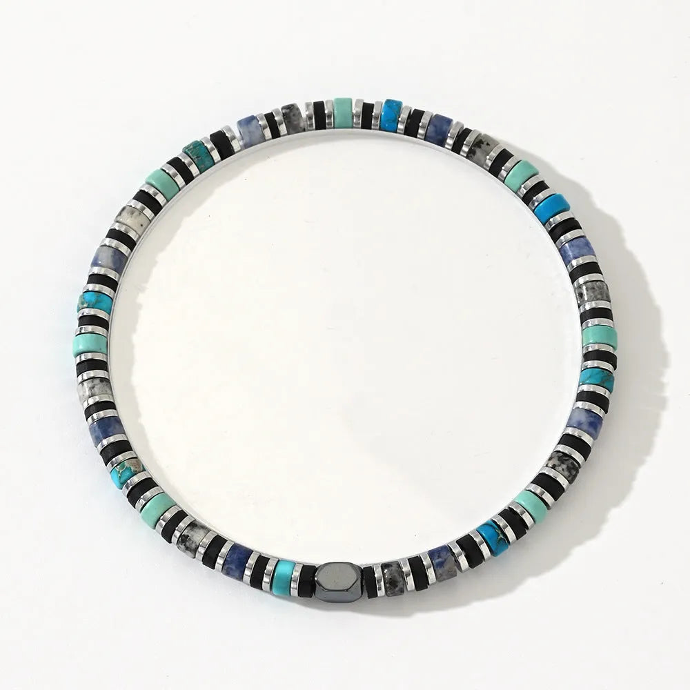 Hand-woven bohemian bracelet with cylindrical geometric semi-precious stones