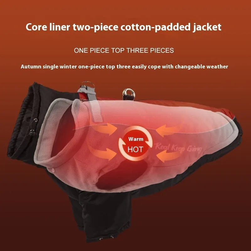 Polar fleece dog jacket with detachable liner in colour options like Black Red and Blue Orange