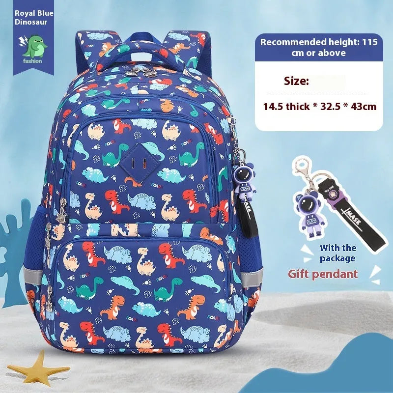 Blue dinosaur pattern children's waterproof school backpack with curved straps on a white background.