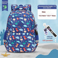 Blue dinosaur pattern children's waterproof school backpack with curved straps on a white background.