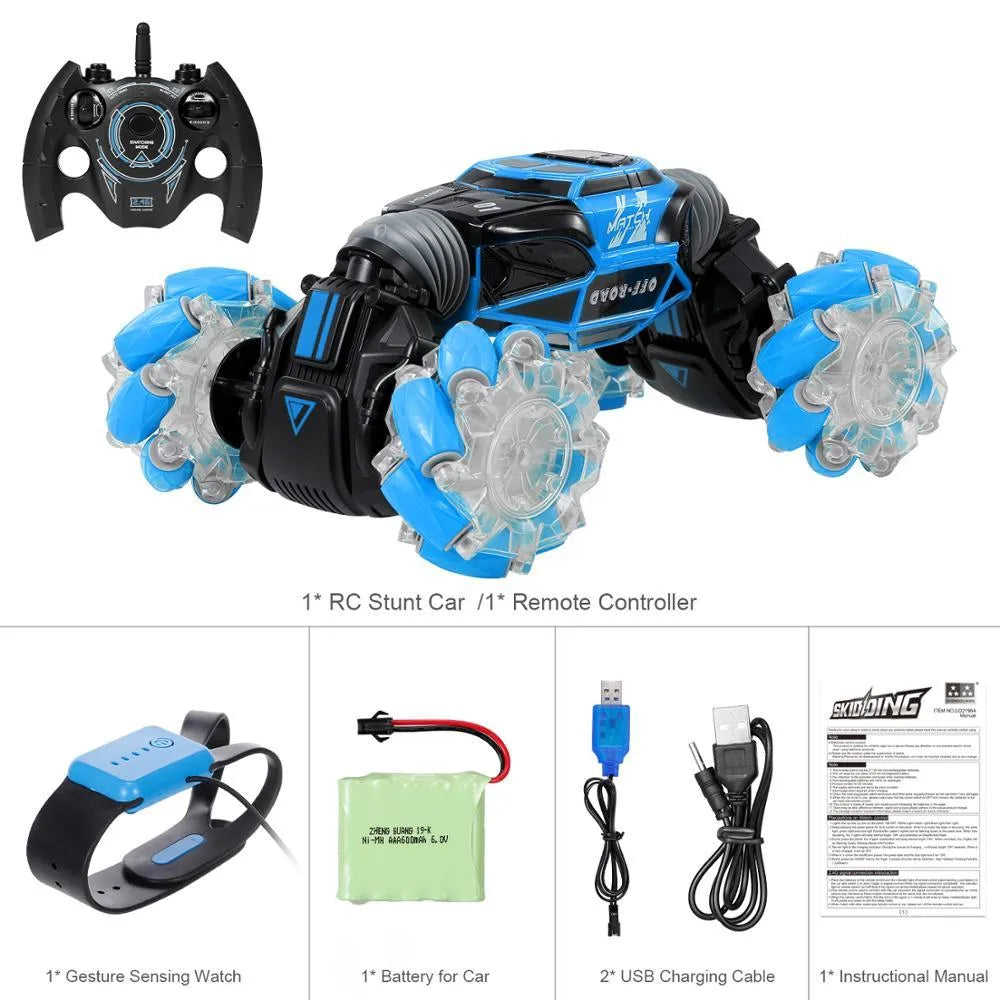 4WD RC stunt car in red with gesture remote control, morphing off-road design, plastic construction
