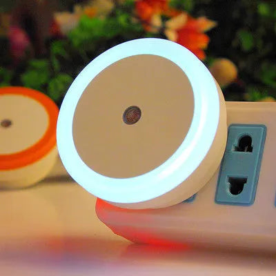 Round halo LED induction nightlight lamp shown in blue, red, white, and yellow colour options.