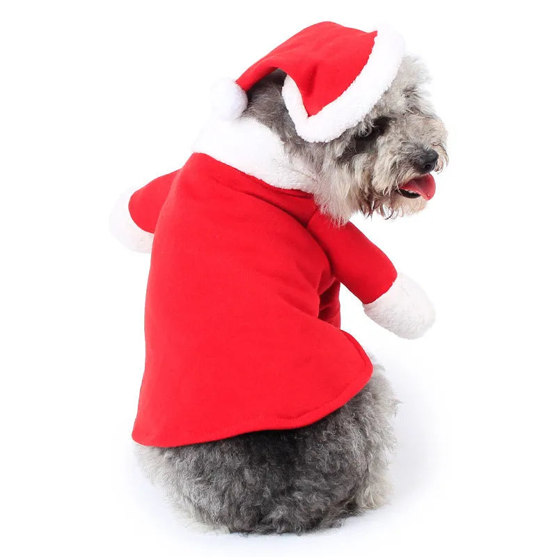 Red Santa Claus pet costume made from stretchable polar fleece fabric for dogs and cats