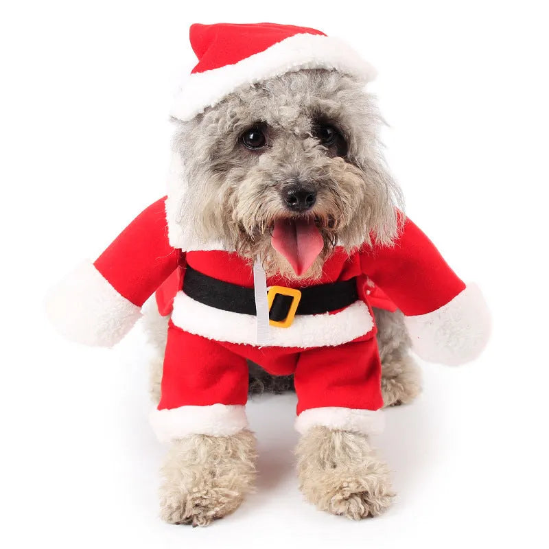 Red Santa Claus pet costume made from stretchable polar fleece fabric for dogs and cats
