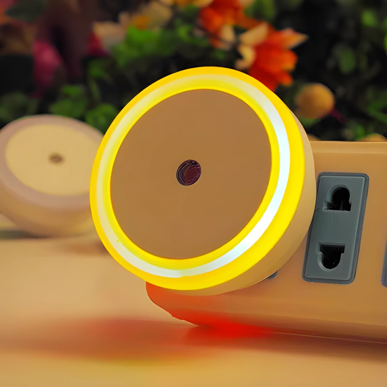 Round halo LED induction nightlight lamp shown in blue, red, white, and yellow colour options.