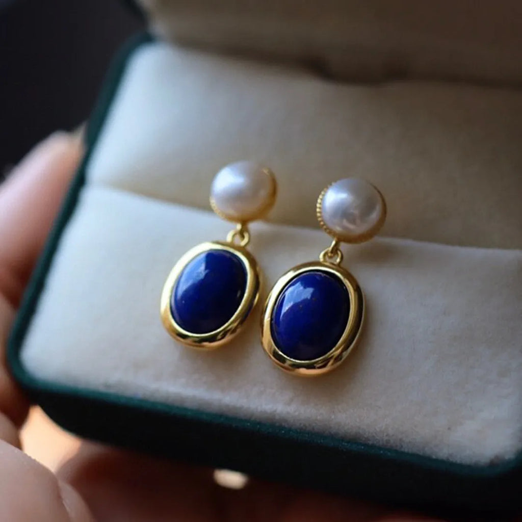 Lapis lazuli pearl drop earrings in 925 silver setting with auspicious patterns