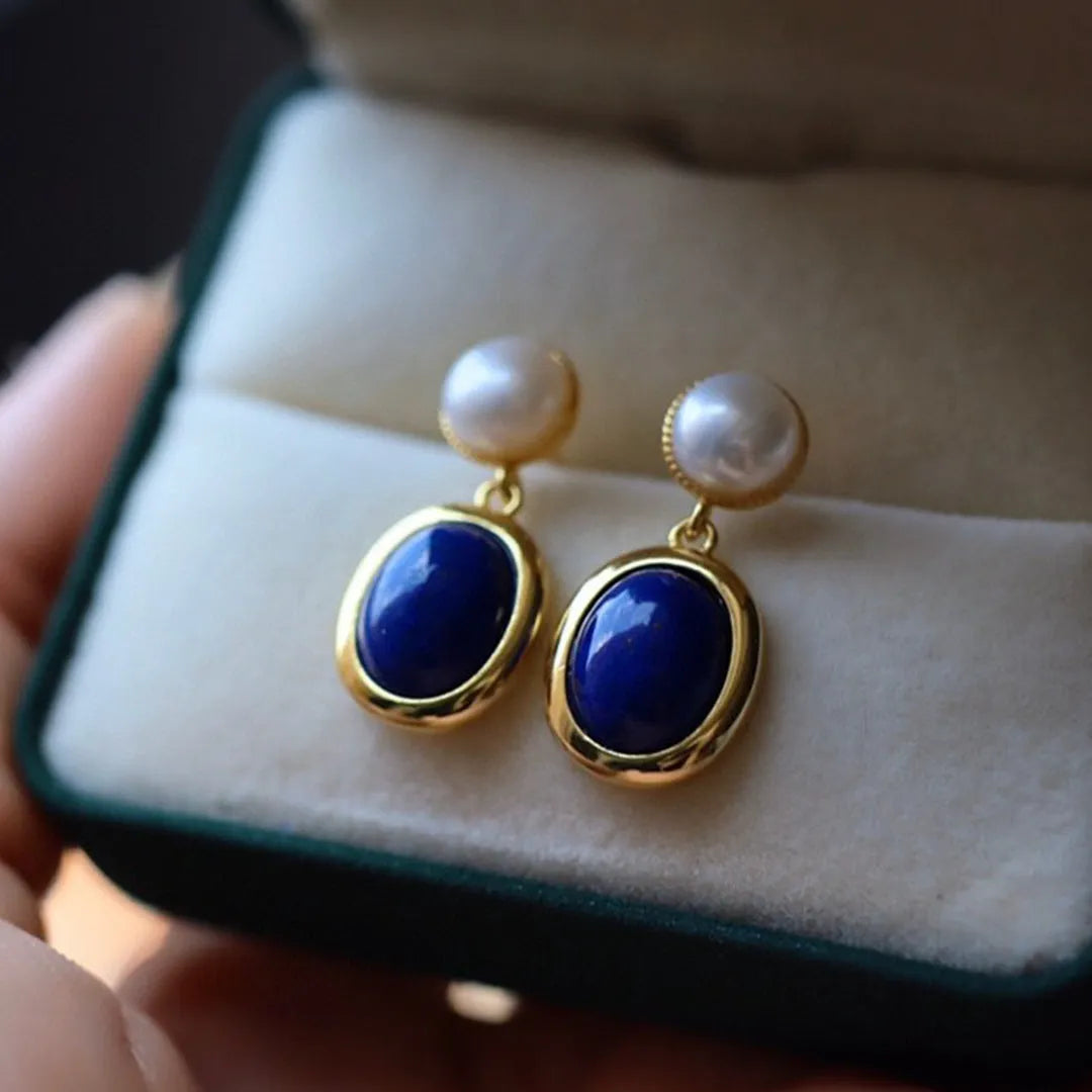 Lapis lazuli pearl drop earrings in 925 silver setting with auspicious patterns