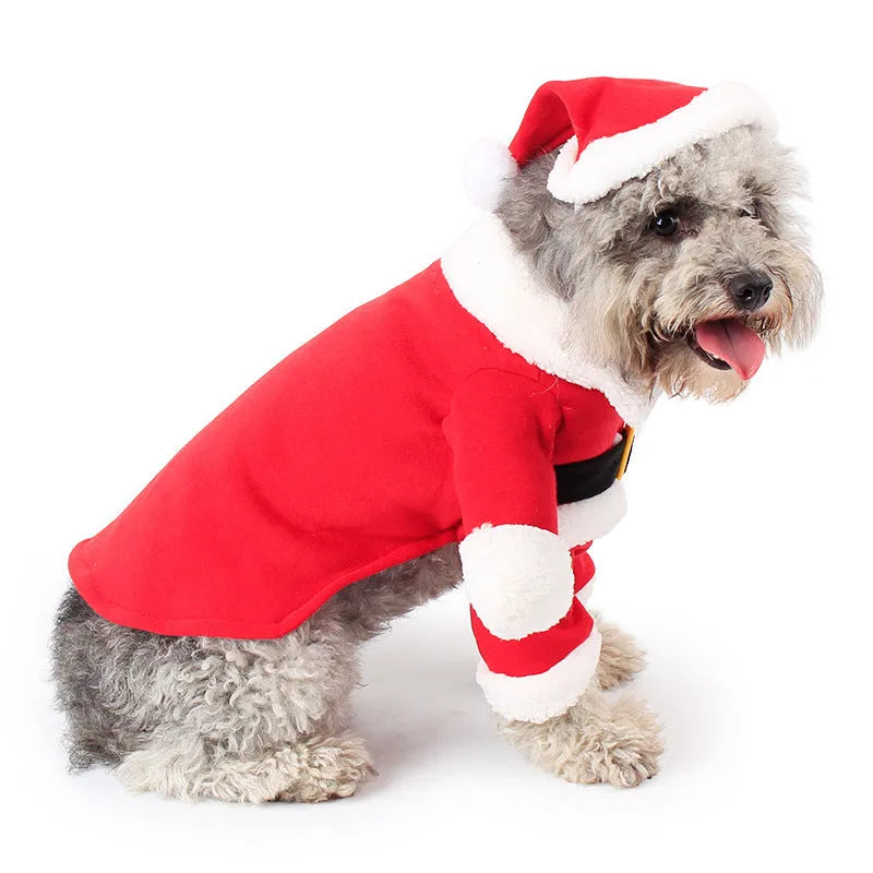 Red Santa Claus pet costume made from stretchable polar fleece fabric for dogs and cats