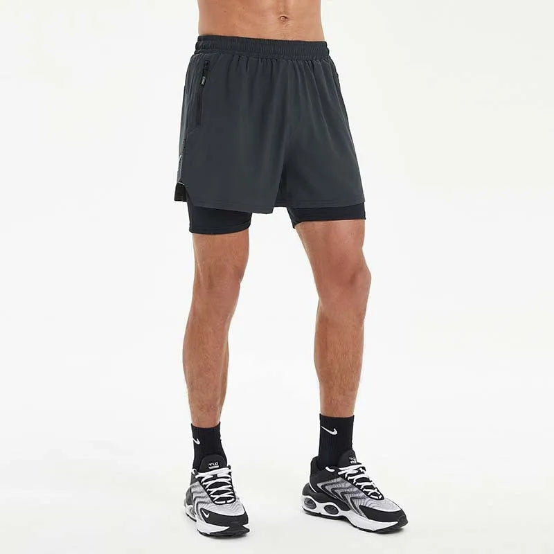Men's black running shorts with quick-dry fabric and integrated support liner for fitness activities