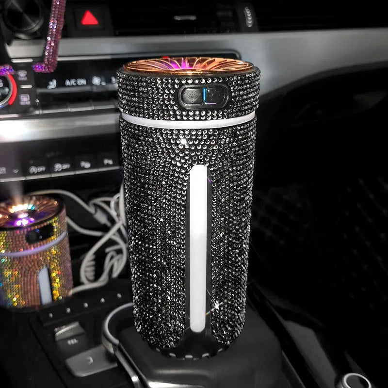 Colourful diamond-style car humidifier with LED lights on a car dashboard