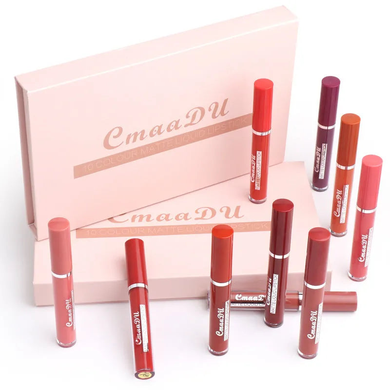 Box containing 10 women's non-stick cup waterproof matte lipsticks in assorted photo colours.