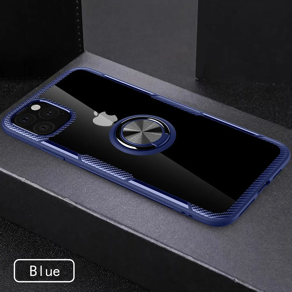 Black PU leather iPhone case with a built-in kickstand and car vent clip extended.