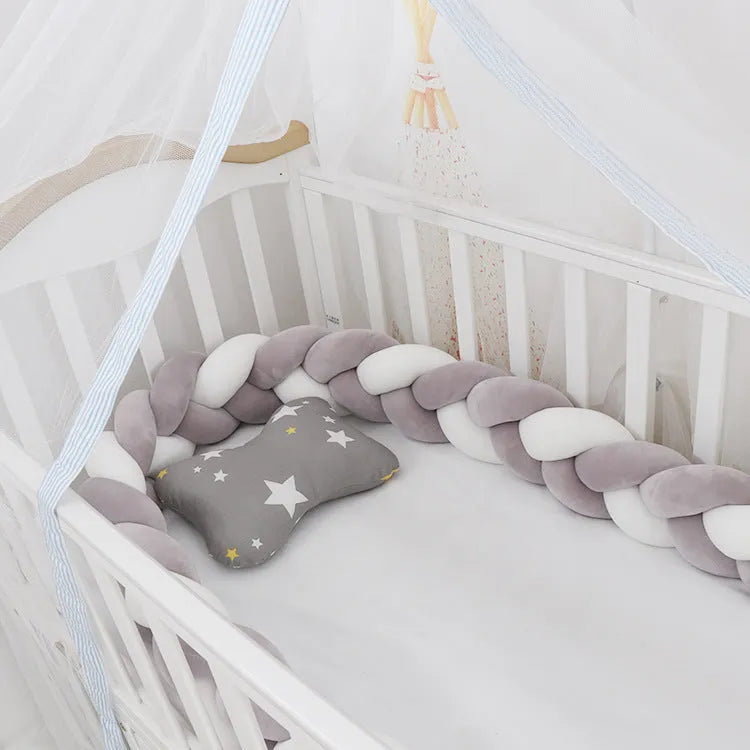 Bendable braid knot pillow cushion baby bumper in spandex velvet for cot safety protection.