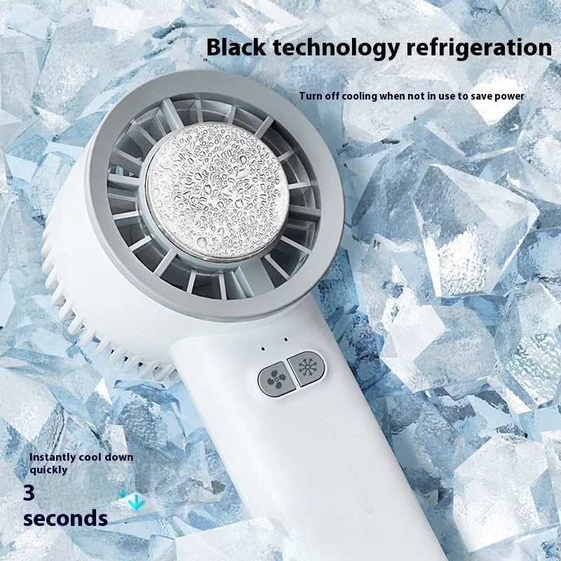 White handheld turbo fan with touch controls, showing compact duct design for personal cooling.