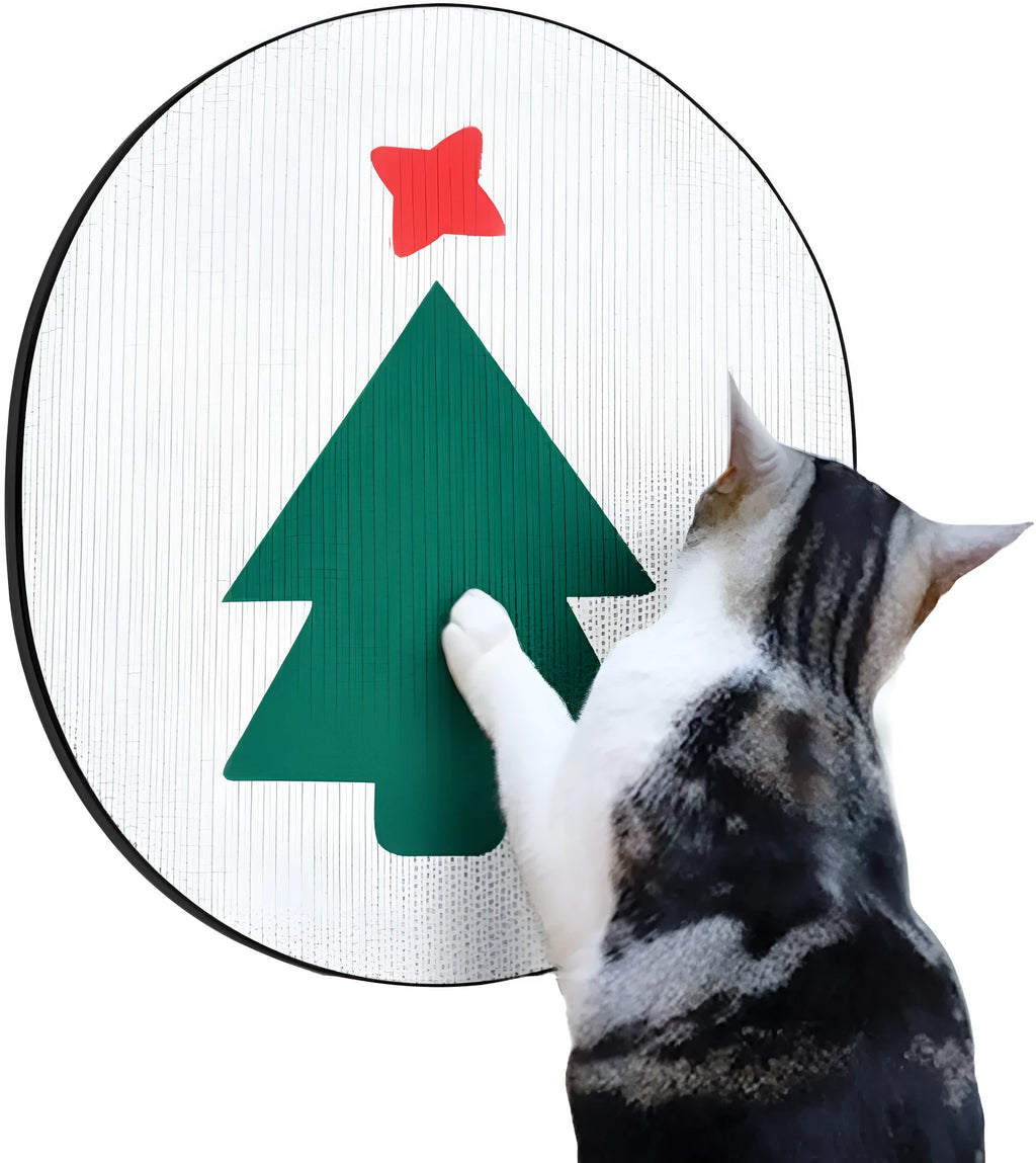 Wall mounted vertical cat scratching pad made of brown corrugated cardboard on a white wall.