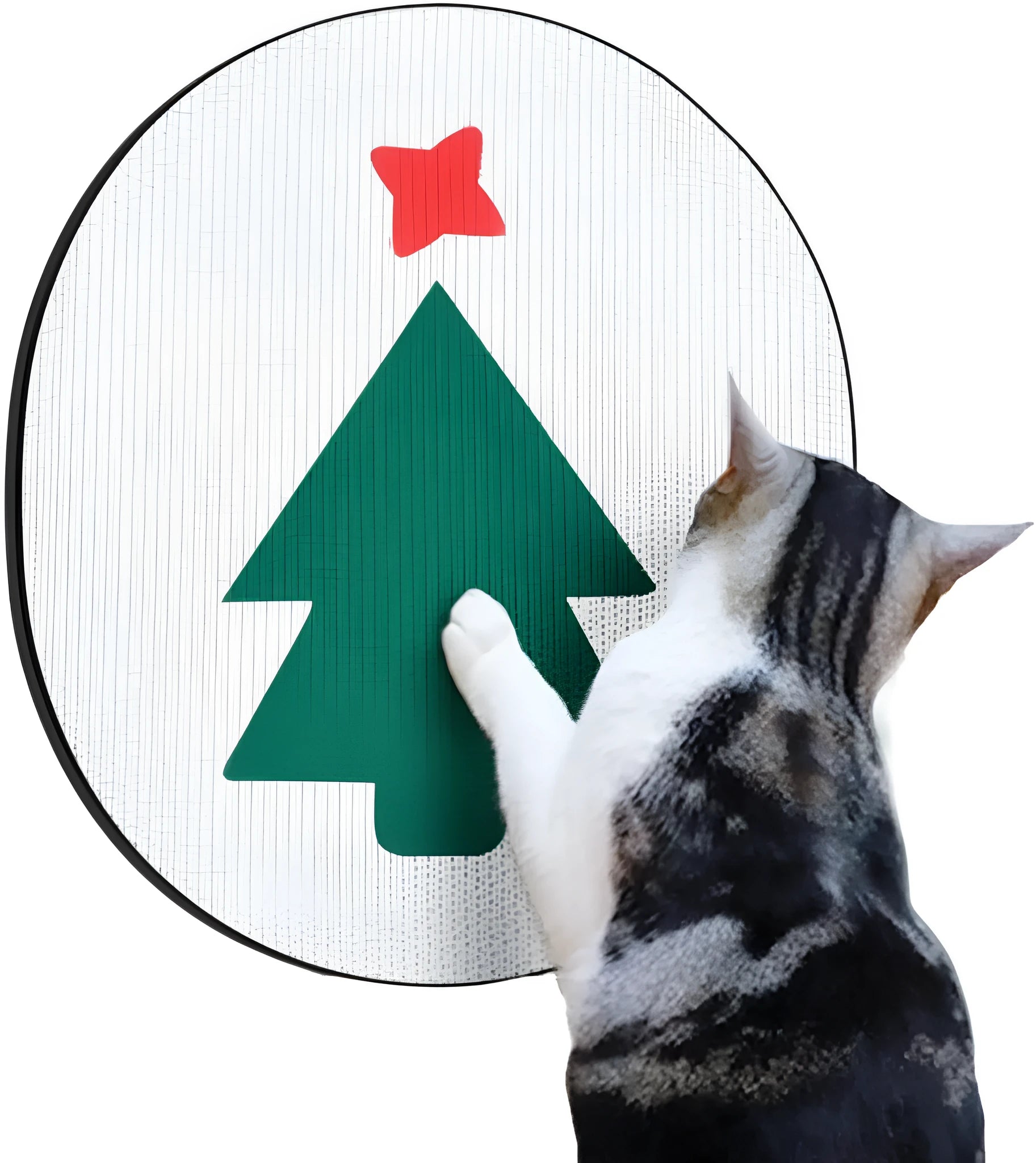 Wall mounted vertical cat scratching pad made of brown corrugated cardboard on a white wall.