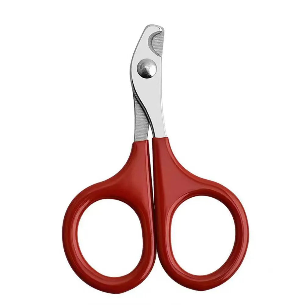 Pet nail clippers with stainless steel blades and a coloured plastic and rubber anti-slip handle.