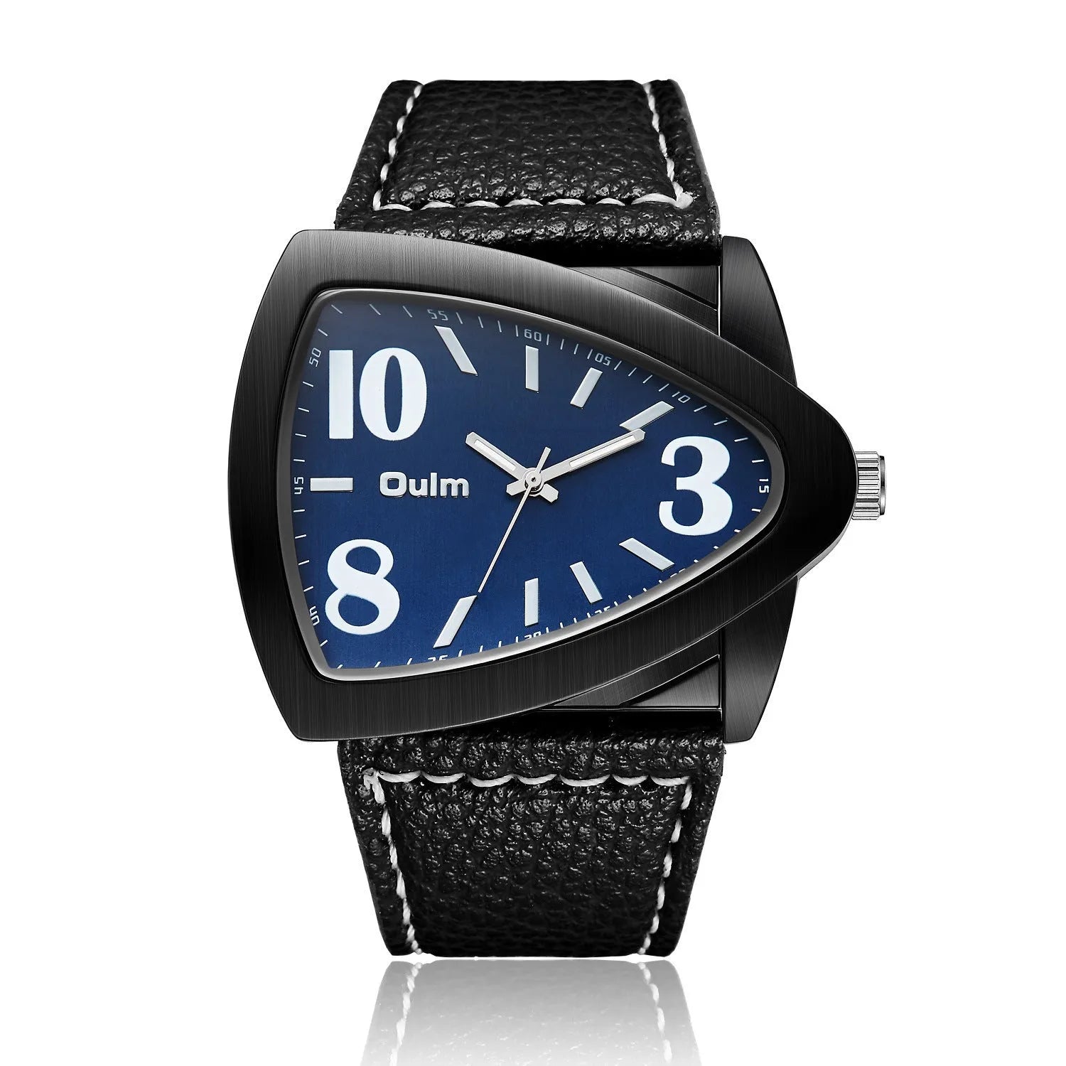 Men's casual watch with a triangle belt buckle shown in brown, black, and blue colour options.