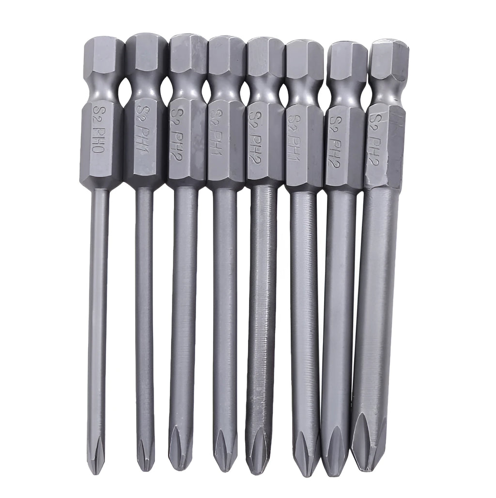 Eight 75mm magnetic Phillips screwdriver bits with hex shanks in various sizes