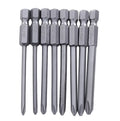 Eight 75mm magnetic Phillips screwdriver bits with hex shanks in various sizes